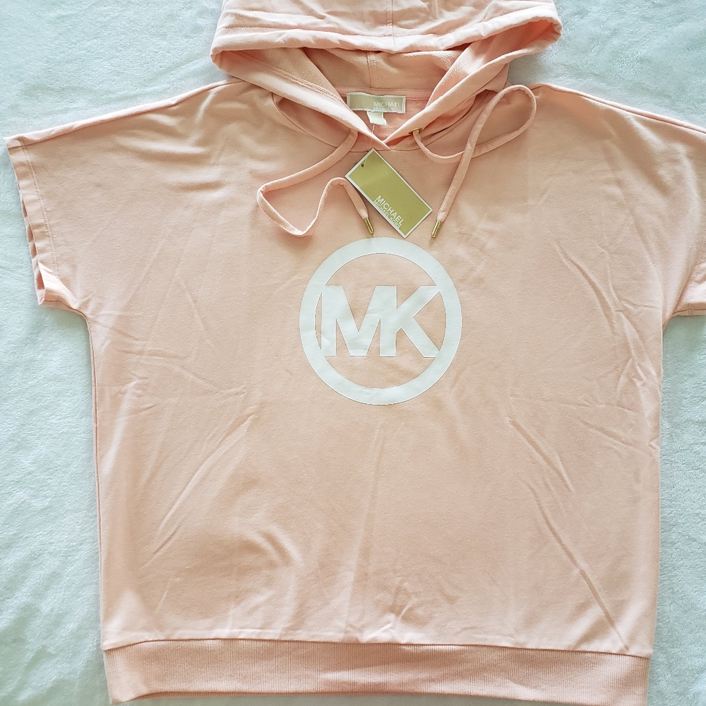 MICHAEL KORS Short Sleeve Dusty Coral Logo Hooded Sweatshirt--NWT--L - Picture 8 of 16